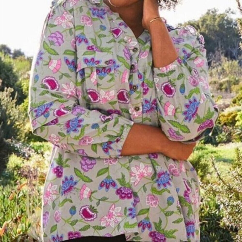 NEW NWT MATILDA JANE Thinking Out Loud Blouse Gray Multi Floral 3/4 Sleeve sz XS